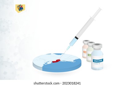 Vaccination in New Jersey with different type of COVID-19 vaccine. Сoncept with the vaccine injection in the map of New Jersey. Vector illustration.