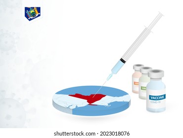 Vaccination in New York with different type of COVID-19 vaccine. Сoncept with the vaccine injection in the map of New York. Vector illustration.
