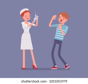 Vaccination nurse and patient in fear. Doctor making treatment with a vaccine to produce immunity against a disease, young man afraid of inoculation campaign. Vector flat style cartoon illustration