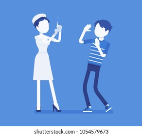 Vaccination nurse, patient in fear. Doctor making treatment with a vaccine to produce immunity against disease, young man afraid of inoculation campaign. Vector illustration with faceless characters