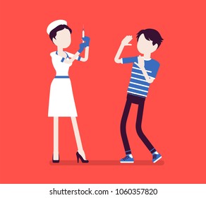 Vaccination nurse, patient in fear. Doctor making treatment with a vaccine to produce immunity against disease, young man afraid of inoculation campaign. Vector illustration with faceless characters