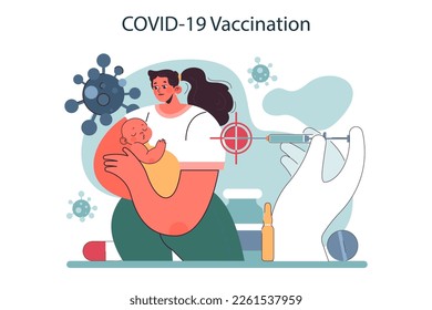 Vacunación de una enfermera. Madre sosteniendo a un bebé, recibiendo la vacuna covid-19. Atención al recién nacido, problema de lactancia materna. Ilustración vectorial plana