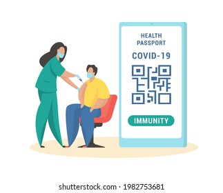 Vaccination for obtaining immune passport. Masked male character injected with coronavirus vaccine. Immunization for travelers with personal qr code in mobile app. Vector flat illustration