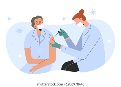 Vaccination Of Old People, Senior Woman Getting A Covid Vaccine Shot At Home. Medical Doctor Vaccinating An Elderly Woman, Physician Or Nurse Giving Injection Against Coronavirus Infection, Vector Art