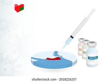 Vaccination in Oman with different type of COVID-19 vaccine. Сoncept with the vaccine injection in the map of Oman. Vector illustration.