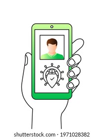 Vaccination pass or card as proof of getting vaccinated shown on a mobile phone display. Shield as vaccine symbol and being immune against coronavirus.