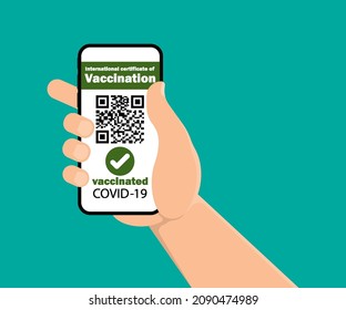 Vaccination passport for COVID-19 displayed on smartphone held in male's hand. Vector illustration. Eps 10.