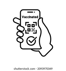Vaccination passport for COVID-19 displayed on smartphone held in male's hand. Vector illustration. Eps 10.