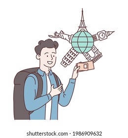 Vaccination passport. Happy man with backpack holding passport and travel ticket on world map background. Attractions of architecture. Open borders. Vacation planning. Flat vector illustration.