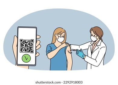 Vaccination passport and immunization concept. Young woman getting vaccinated with syringe from doctor and having passport from covid-19 vector illustration