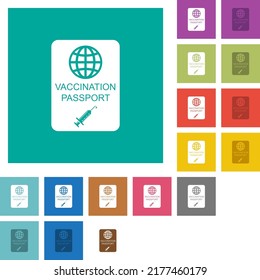 Pasaporte de vacunación íconos planos multicolores en fondos cuadrados simples. Se incluyeron variaciones de iconos blancos y oscuros para efectos de movimiento o activos.