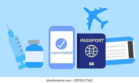 Vaccination passport and travel concept.COVID-19 immunity passport.New normal.Digital vaccine certificate on smartphone or mobile app.Pandemic and coronavirus.Cartoon vector illustration.Flat design.