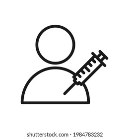 Vaccination patient symbol. Medical syringe with people line icon. Injection outline pictogram.  Vector isolated on white