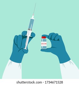 Vaccination of patients. Hands holding a syringe and an ampoule with a vaccine. Vector illustration