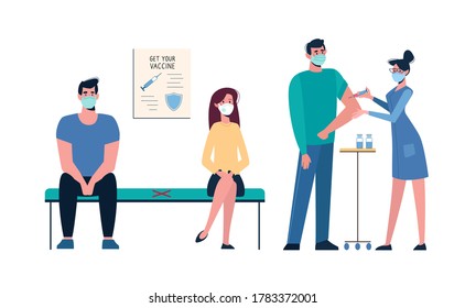 Vaccination of people against various diseases, including the coronavirus COVID19. Queue of people in medical masks for vaccination. A nurse administers a vaccine to a man. Injections Vector, cartoon