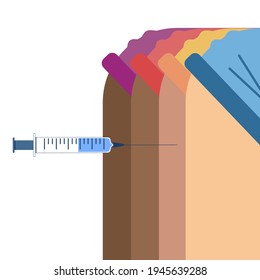 Vaccination people by syringe. An injection dose of the vaccine into the patient's arm. Vaccination, antiviral shot. Injecting vaccinate with a syringe. Hands in surgical gloves. Medicine, flu shot