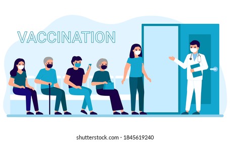 Vaccination of people in clinic for prevention, immunization and treatment against viral infection. Line of adult men and women for medical injection, flu shot. Vaccination for safe health. Vector