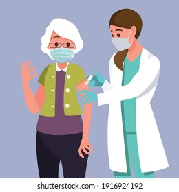 Vaccination Of People From Coronavirus COVID-19., Flu Or Influenza Shot Or Taking Blood Test With A Needle,Vector Illustration Cartoon Character.