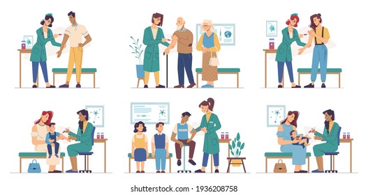 Vaccination People Of Different Ages In Clinic Isolated Flat Cartoon Set. Vector Immunization Of Adult, Senior Men And Women And Children. Coronavirus Covid 19 Prevention, Vaccine Injection, Queue