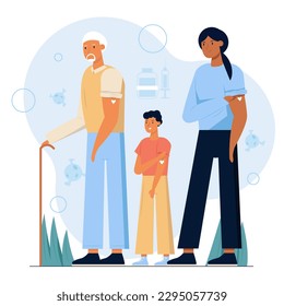 Vaccination of people of different ages. Grandpa, grandson and daughter go after vaccination with band aid on arm. Immunization against coronavirus. Cartoon vector flat illustration