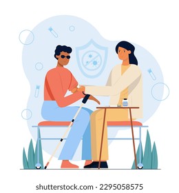 Vaccination of people with disabilities. Nurse gives intramuscular injection to blind patient and puts patch on arm. Coronavirus concept. Cartoon vector illustration