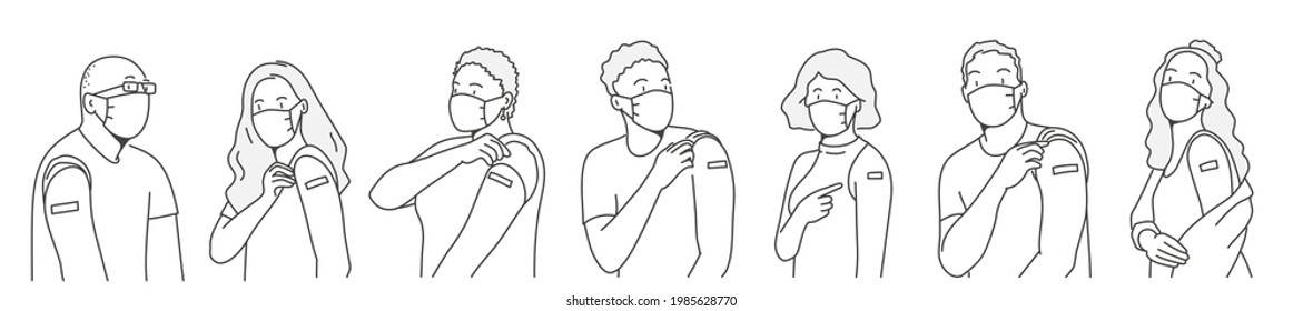 Vaccination. People in protection masks hold a shirt sleeve and show their arm with a bandage after vaccination. Hand drawn vector illustration.