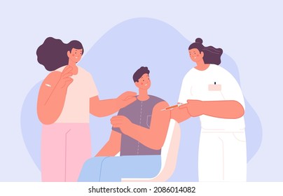 Vaccination. People vaccinated. Couple and nurse, flu vaccine. Medical concept, healthcare and life care vector scene