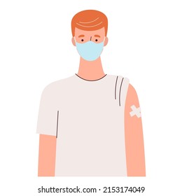 Vaccination of people.Young man in a medical mask with a band-aid on his hand.Protection of people from coronavirus and other viruses, epidemics.Flat vector illustration isolated on white background