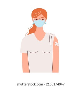Vaccination of people.Young woman in a medical mask with a band-aid on her hand.Protection of people from coronavirus and other viruses, epidemics.Flat vector illustration isolated on white background