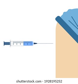 Vaccination Person By Syringe. An Injection Dose Of The Vaccine Into The Patient's Arm. Vaccination, Antiviral Shot. Injecting Vaccinate With A Syringe. Hands In Surgical Gloves. Vector 8 Eps