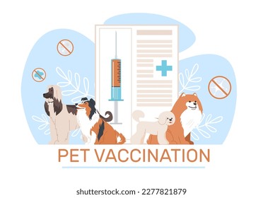 Vaccination of pets, cat and dog professional health care. Vet passport and syringe with vaccine. Veterinary clinic, animal examination. Cartoon flat illustration. Vector medical concept