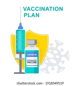 Concepto de plan de vacunación. Una enorme jeringa y un vial con una vacuna, un escudo amarillo. Vacunación para proteger a las personas de la pandemia del coronavirus. Inmunización global.