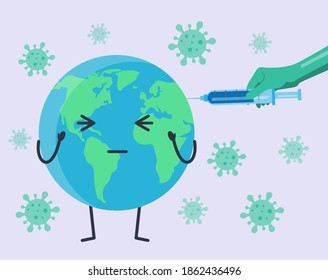 Vaccination of the planet Earth against coronavirus. Doctor's hand in a glove puts the vaccine. Vector illustration