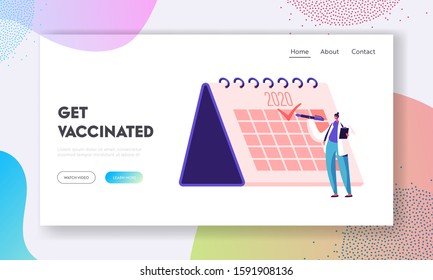 Vaccination Planning, Medicine Health Care Website Landing Page. Female Doctor Put Check Mark to Checkbox on Huge Calendar on 2020 Year, Immunization Web Page Banner. Cartoon Flat Vector Illustration