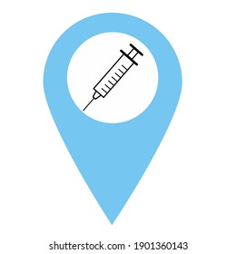 Icono del alfiler del mapa de ubicación del punto de vacunación con jeringa. Vector. 