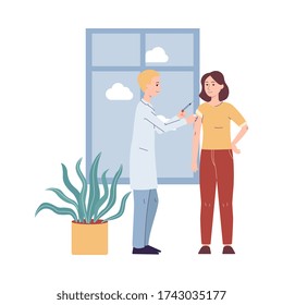 Vaccination of the population against influenza and viral disease scene with doctor and patient cartoon characters, flat vector illustration isolated on white background.