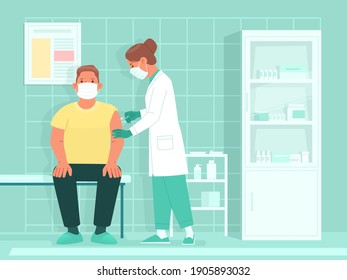 Vaccination of the population. The doctor gives a shot of vaccine or medicine to the patient. Graft. Syringe with coronavirus vaccine. Vector illustration in flat style