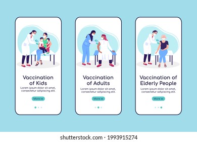 Vaccination of population onboarding mobile app screen flat vector template. Walkthrough website 3 steps with characters. Creative UX, UI, GUI smartphone cartoon interface, case prints set