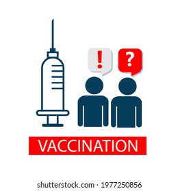 Vaccination of the population. People's questions about the effectiveness of the vaccine. Sticker, icon. Vector flat illustration
