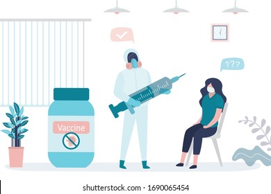 Vaccination of population. Woman patient in clinic, doctor in protective uniform holding syringe. Vaccine for coronavirus. Stop Covid-19, health care. Medical staff in hospital.  Vector illustration