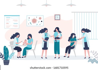 Vaccination of population. Women patients in clinic, doctors and hurse holding syringe and medicine. Vaccine for coronavirus. Virus protection. Medical workers in hospital. Trendy vector illustration