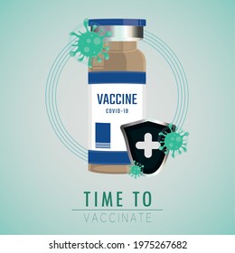 Vaccination poster with a bottle and a protective shield