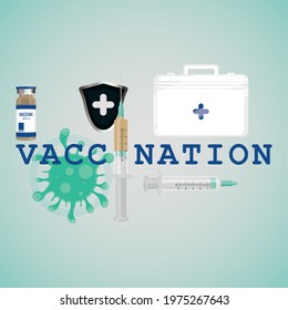 Vaccination poster with a kit, syringe and a shield