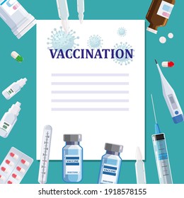 Vaccination poster template concept, text place. White blanc, syringe, tablet, pills, thermometer. Medical treatment, healthcare preventation and immunize