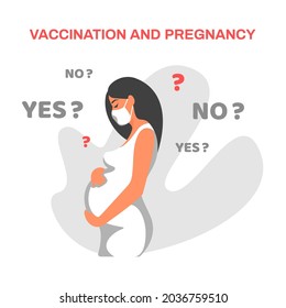 Vaccination and pregnancy. A beautiful young pregnant woman in a medical mask is thinking about vaccination. Yes or no? Vector illustration, flat minimal monochrome design isolated on white background