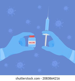 Vaccination to prevent virus flat color vector illustration. Arms in sterile gloves. Immunization shot. Holding syringe and vial of medical drug 2D cartoon first view hand with abstract background