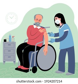 Vaccination procedure. Caucasian female nurse administering a vaccination shot to a patient. Young woman doctor in a face mask holding a syringe and a elderly caucasian man in a wheelchair