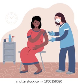 Vaccination procedure. Caucasian female nurse administering a vaccination shot to a patient. Young woman doctor in a face mask holding a syringe and a young pregnant black 