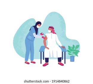 Vaccination process flat concept vector illustration. Injection with syringe. Influenza treatment. Arabian doctor and patient 2D cartoon characters for web design. Covid cure creative idea