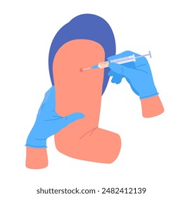 Vaccination process. Nurse hands in rubber gloves vaccinating adult patient, doctor hands holding syringe with vaccine flat vector illustration. Vaccination concept on white